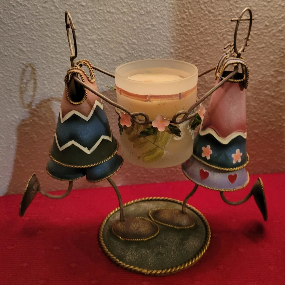 Vtg Candle Holder Metal Art Hand Painted Cone Shaped Man Woman Flowers Hearts